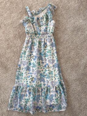 Girls White Dress with Blue & Teal Floral Print